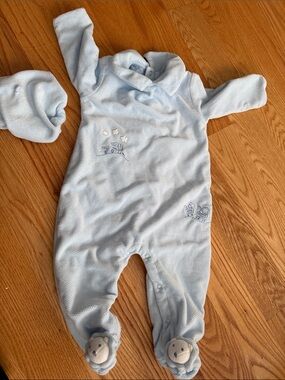 Cozy Light Blue Footed Baby One-Piece with Embroidered Details